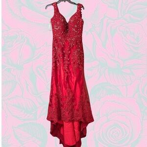 Red Lace Rhinestone High-Low Prom Formal Evening Dress Size 4